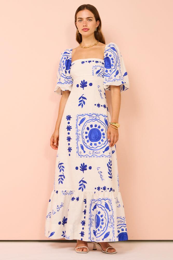 Sleeve Mediterranean-Puff Midi Dress
