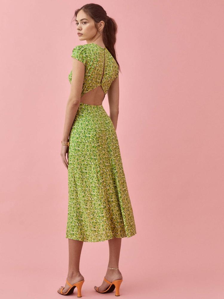 Krystel Statement Printed Round Neck Midi Summer Dress with Slit Occasion Edit