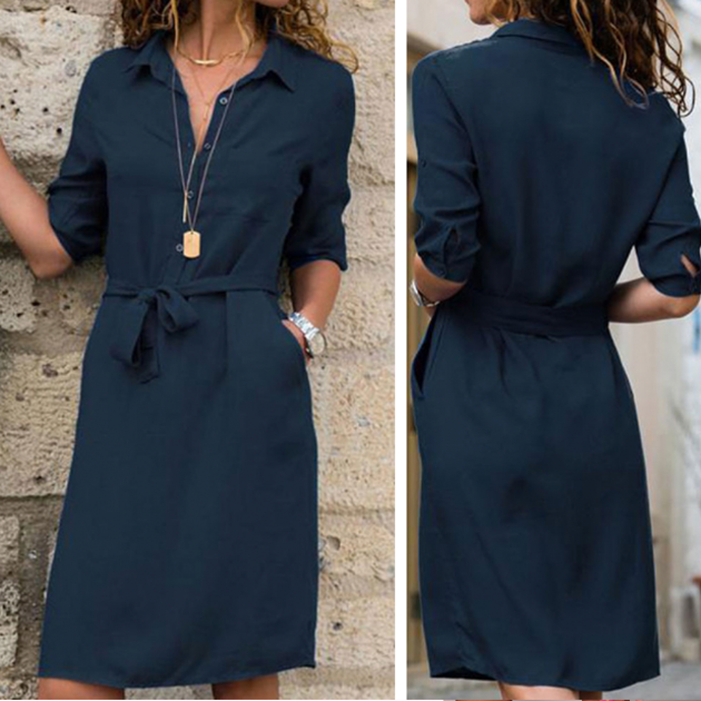 Collar Tie Waist Button Front Long Sleeve Pocket Shirt Midi Dress