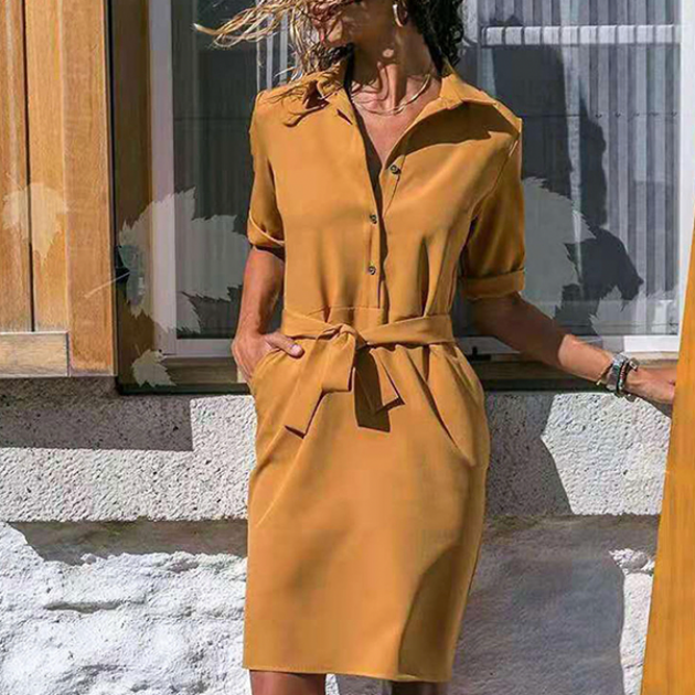 Collar Tie Waist Button Front Long Sleeve Pocket Shirt Midi Dress