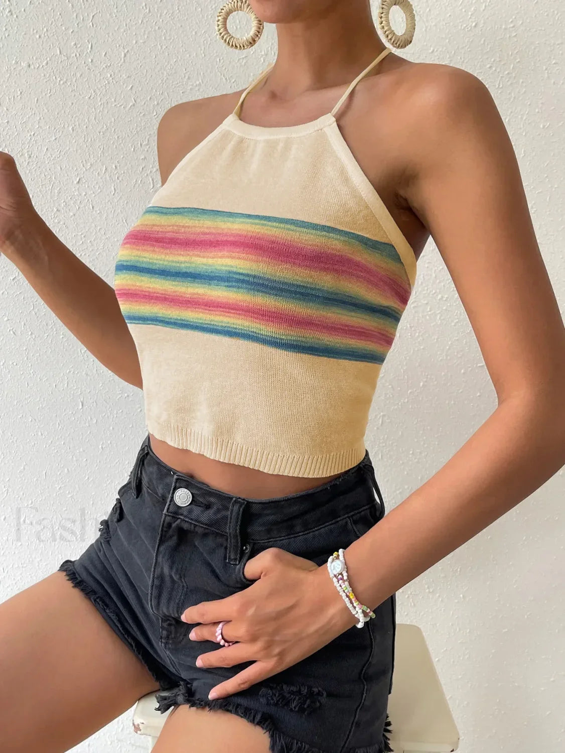 Rainbow Knitted Halter Crop Top
