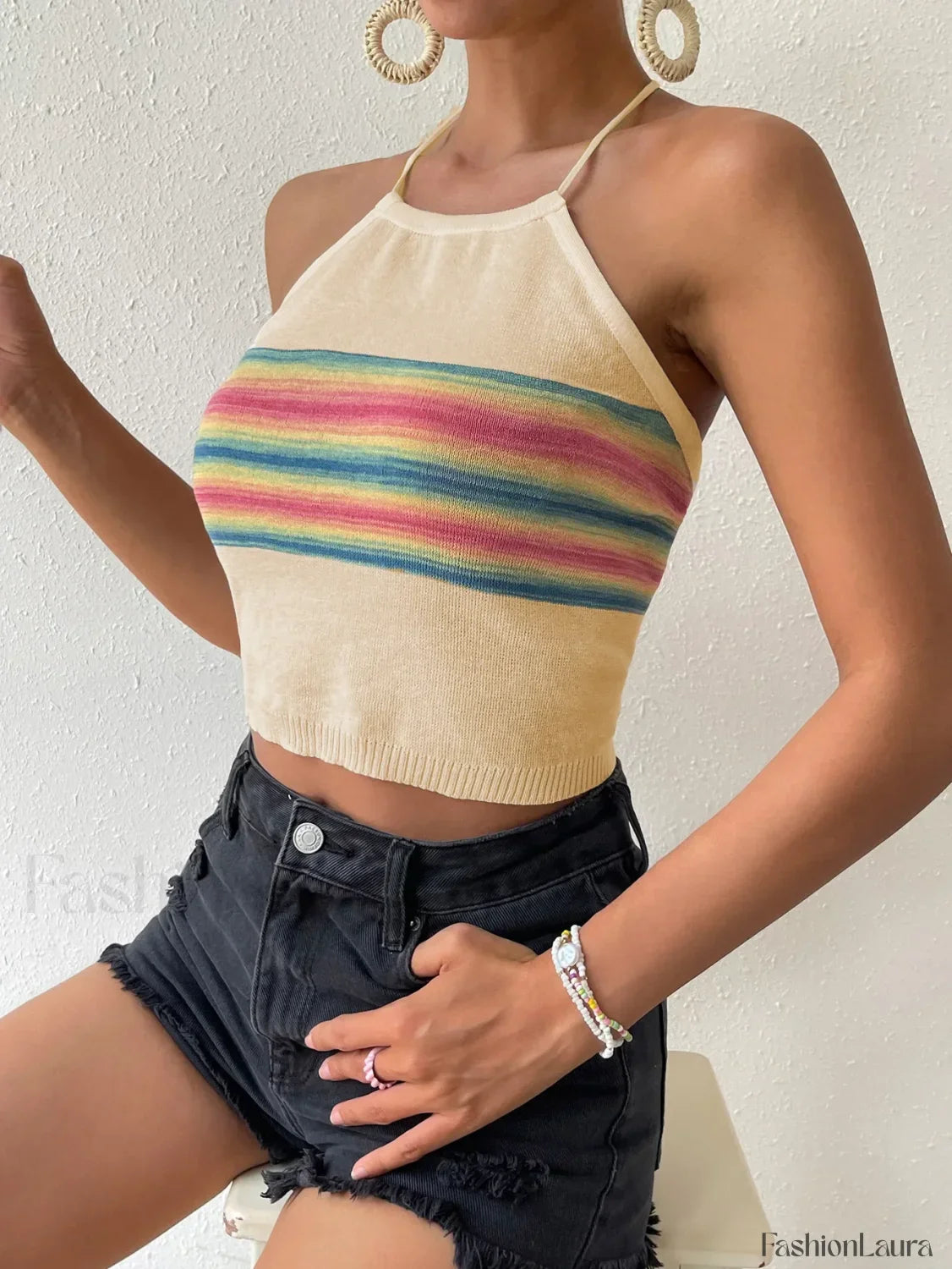 Rainbow Knitted Halter Crop Top