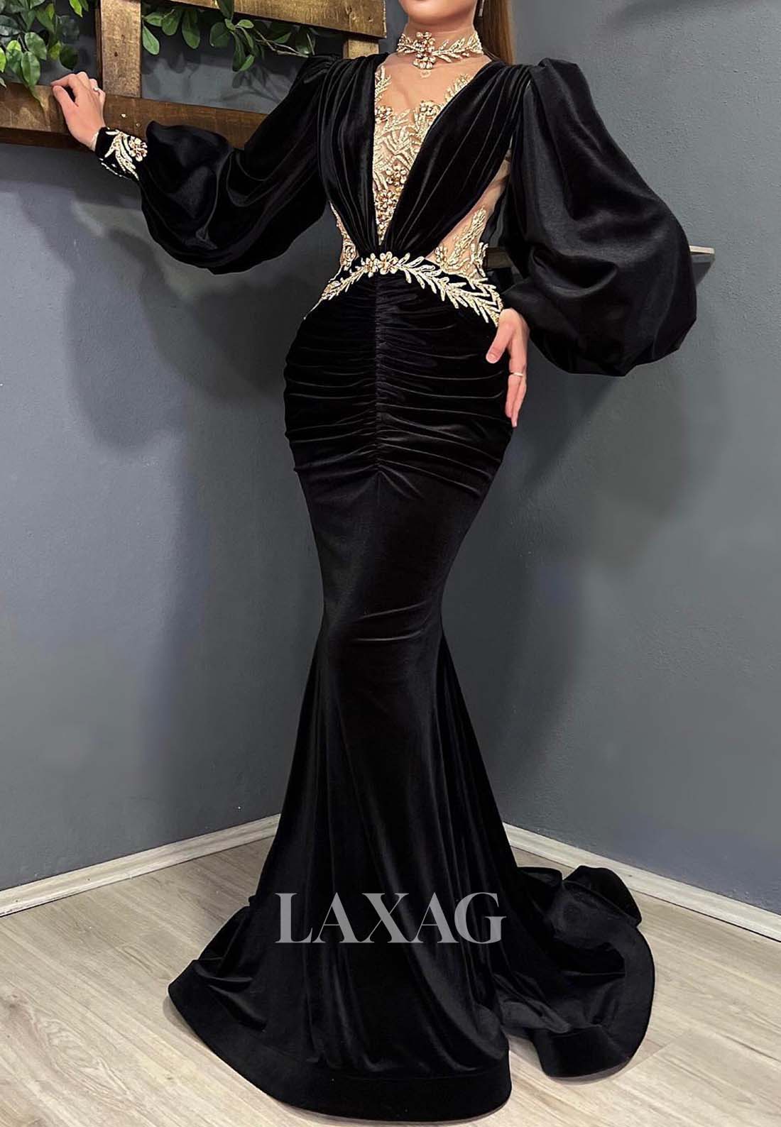 Deep V-Neck Long-Puff-Sleeves Satin Formal Gowns Beaded Pleated Cutout Mermaid Evening Dress