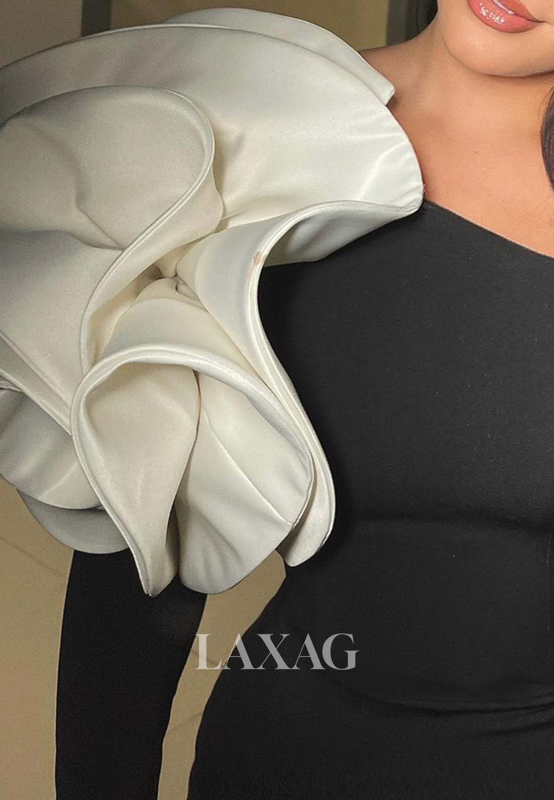 One-Long-Sleeves Big-Floral-Trimmed Mermaid Evening Dress Asymmetrical-Neck Formal Gowns