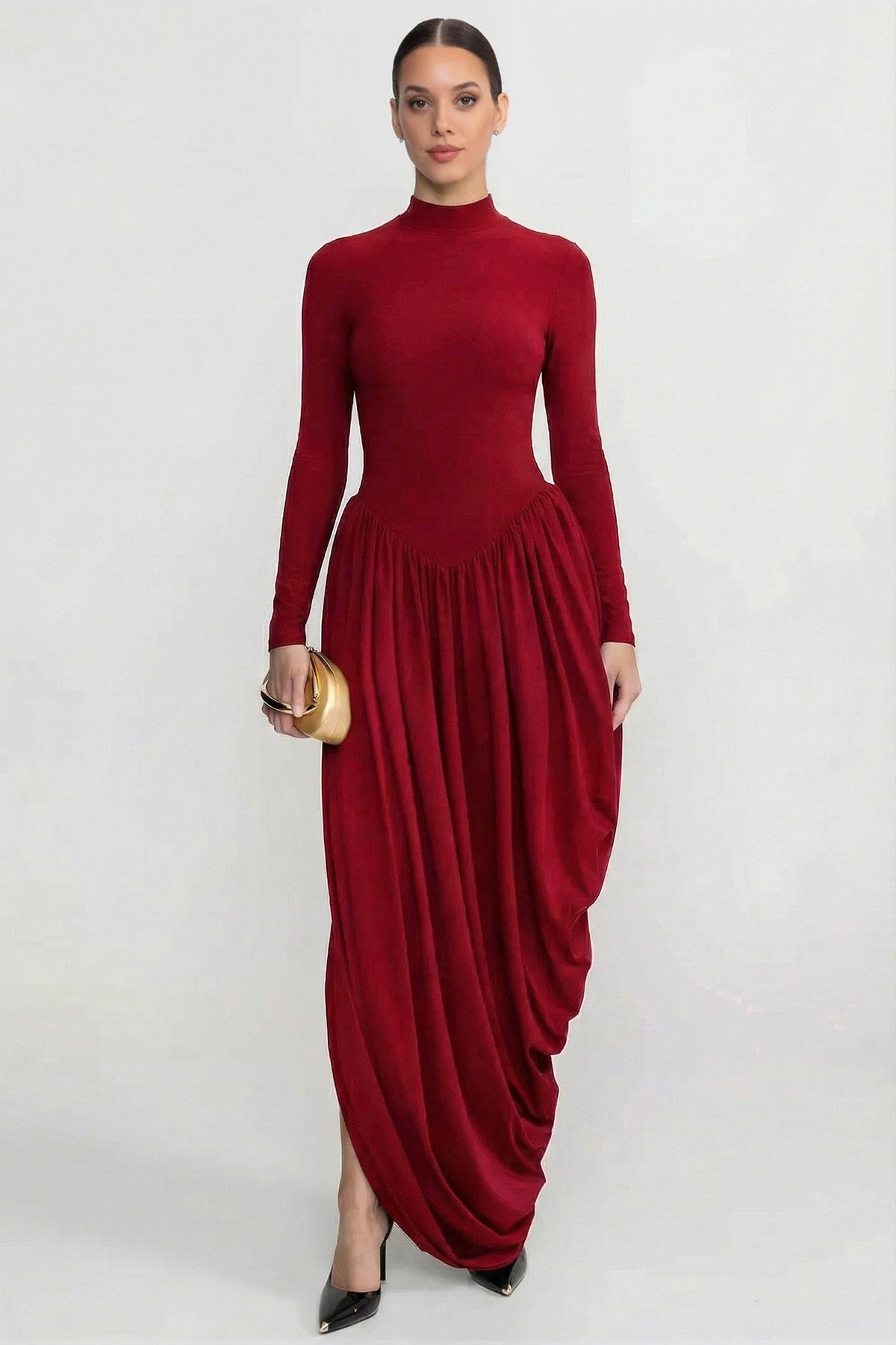 Mock Neck Long Sleeve Drop Waist Draped Asymmetric Maxi Dress