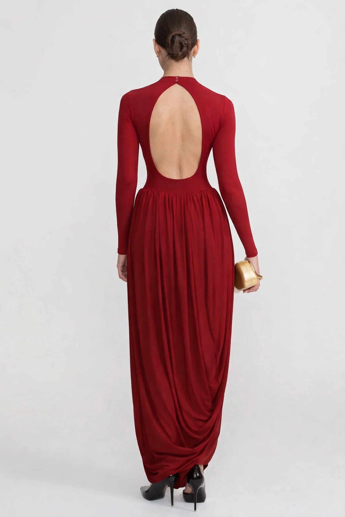 Mock Neck Long Sleeve Drop Waist Draped Asymmetric Maxi Dress 3