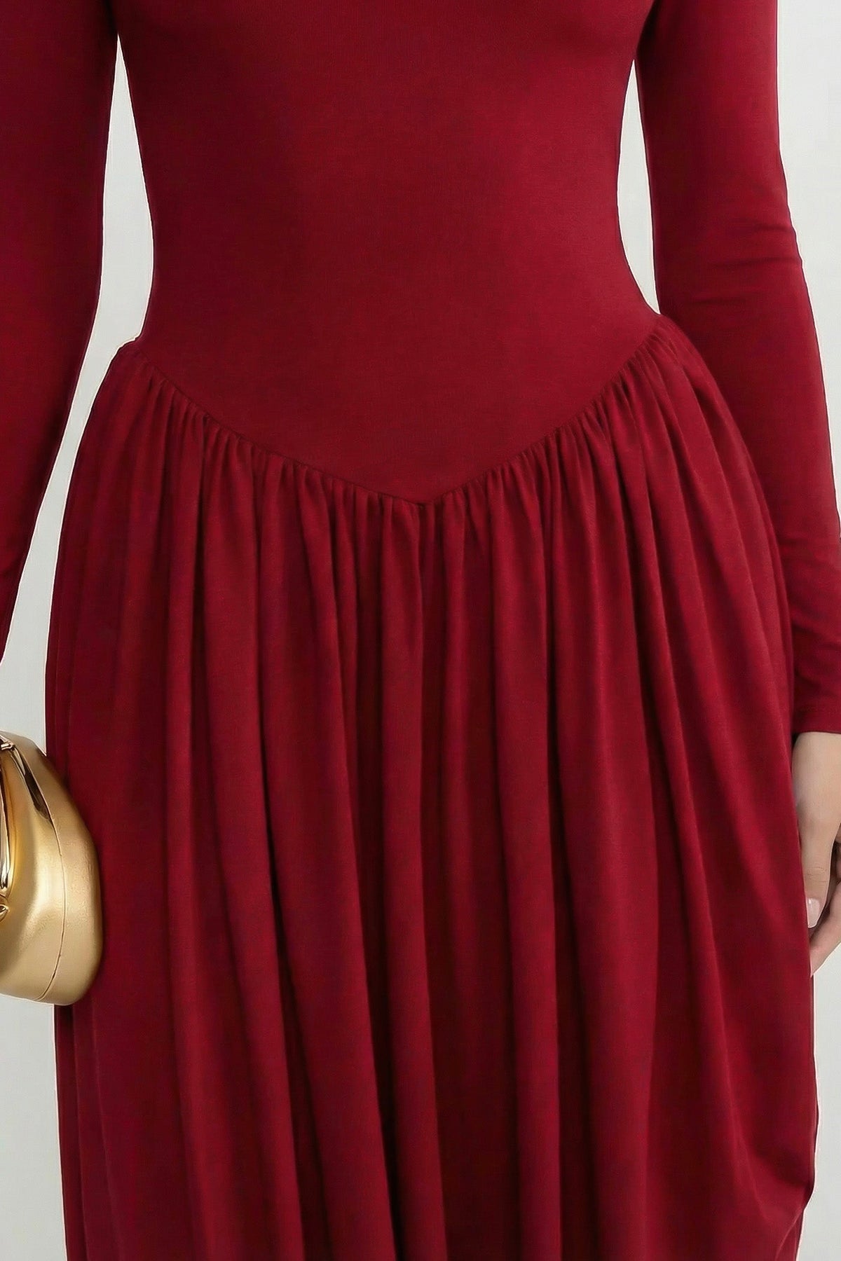 Mock Neck Long Sleeve Drop Waist Draped Asymmetric Maxi Dress 4