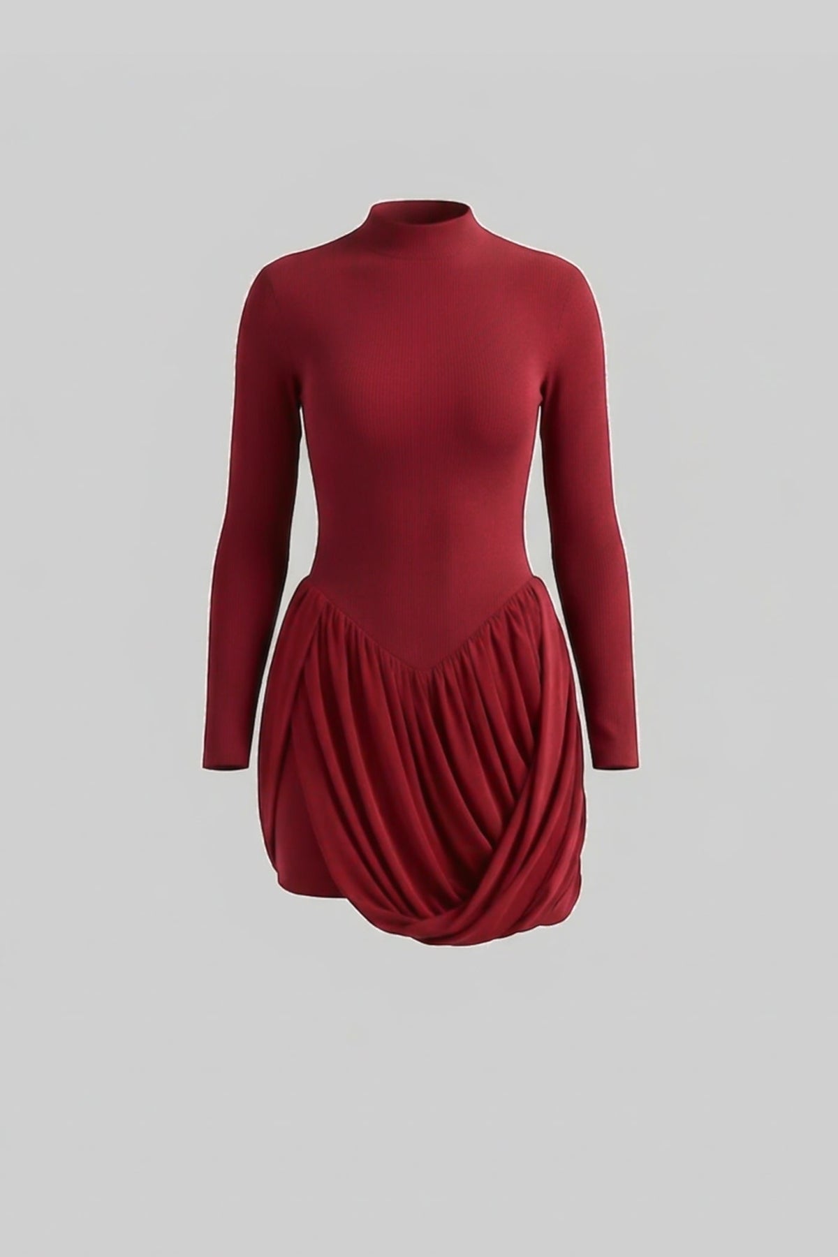Mock Neck Long Sleeve Drop Waist Draped Bubble Skirt Mini Dress 2