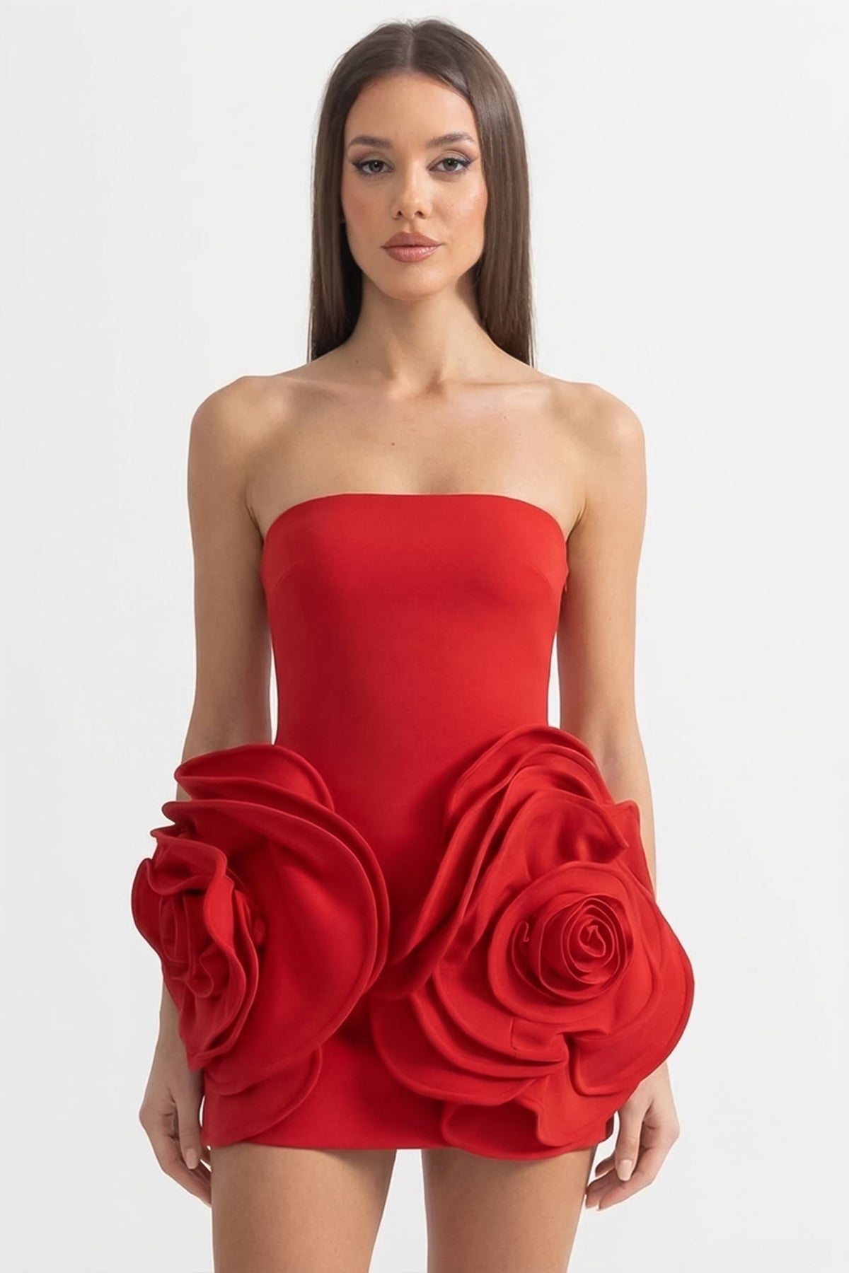 Strapless Oversized 3D Rose Applique Bodycon Mini Dress