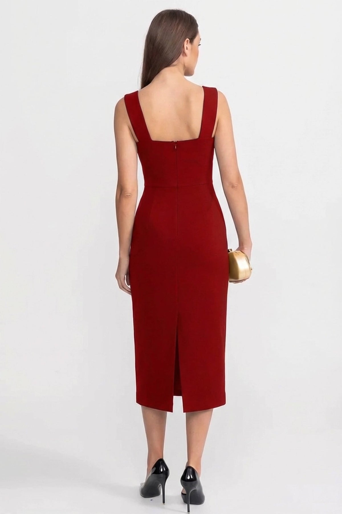 Deep V-Neck Sleeveless 3D Flower Contrast Piping Sheath Midi Dress 4