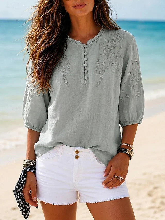 Notch V-Neck Embroidered Half Sleeve Blouse