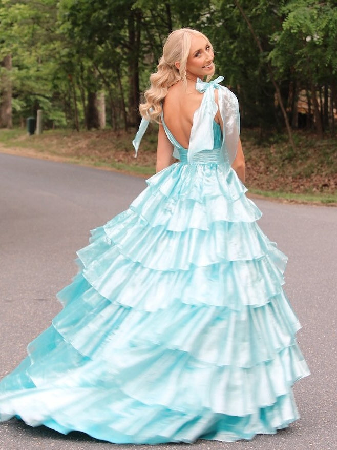 Cute Pink Princess A Line Deep V-Neck Long Tiered Prom Dress With Split