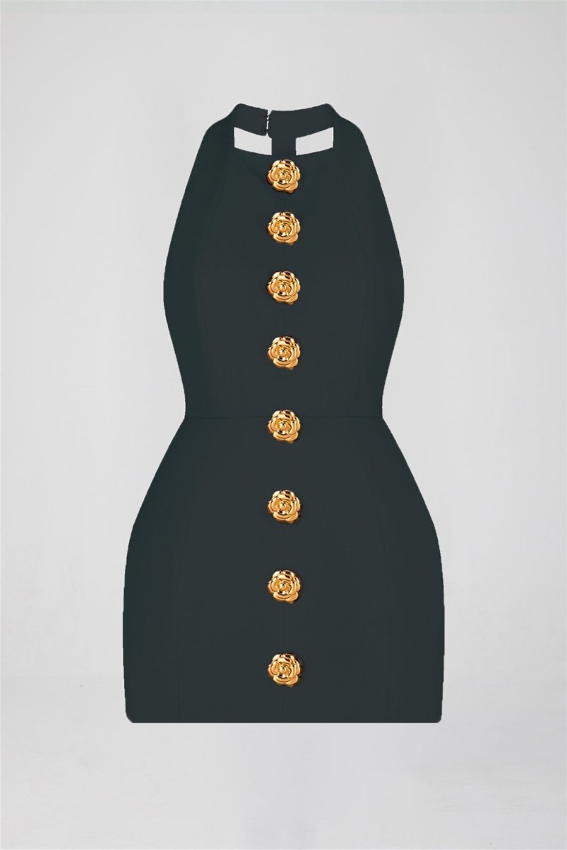 Halter Neck Button Front Structured Mini Dress