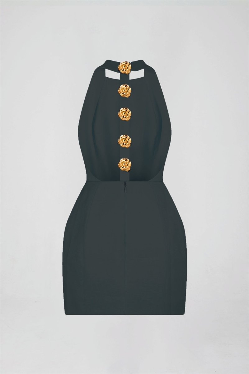 Halter Neck Button Front Structured Mini Dress