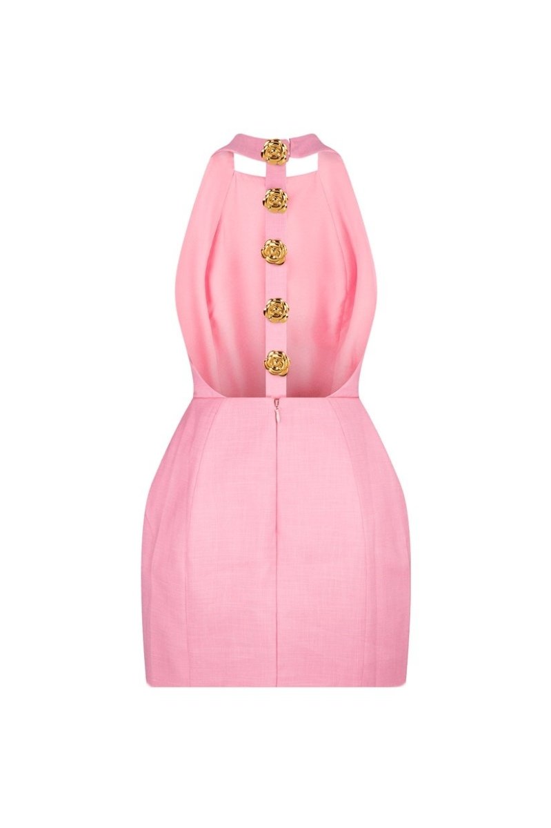 Halter Neck Button Front Structured Mini Dress
