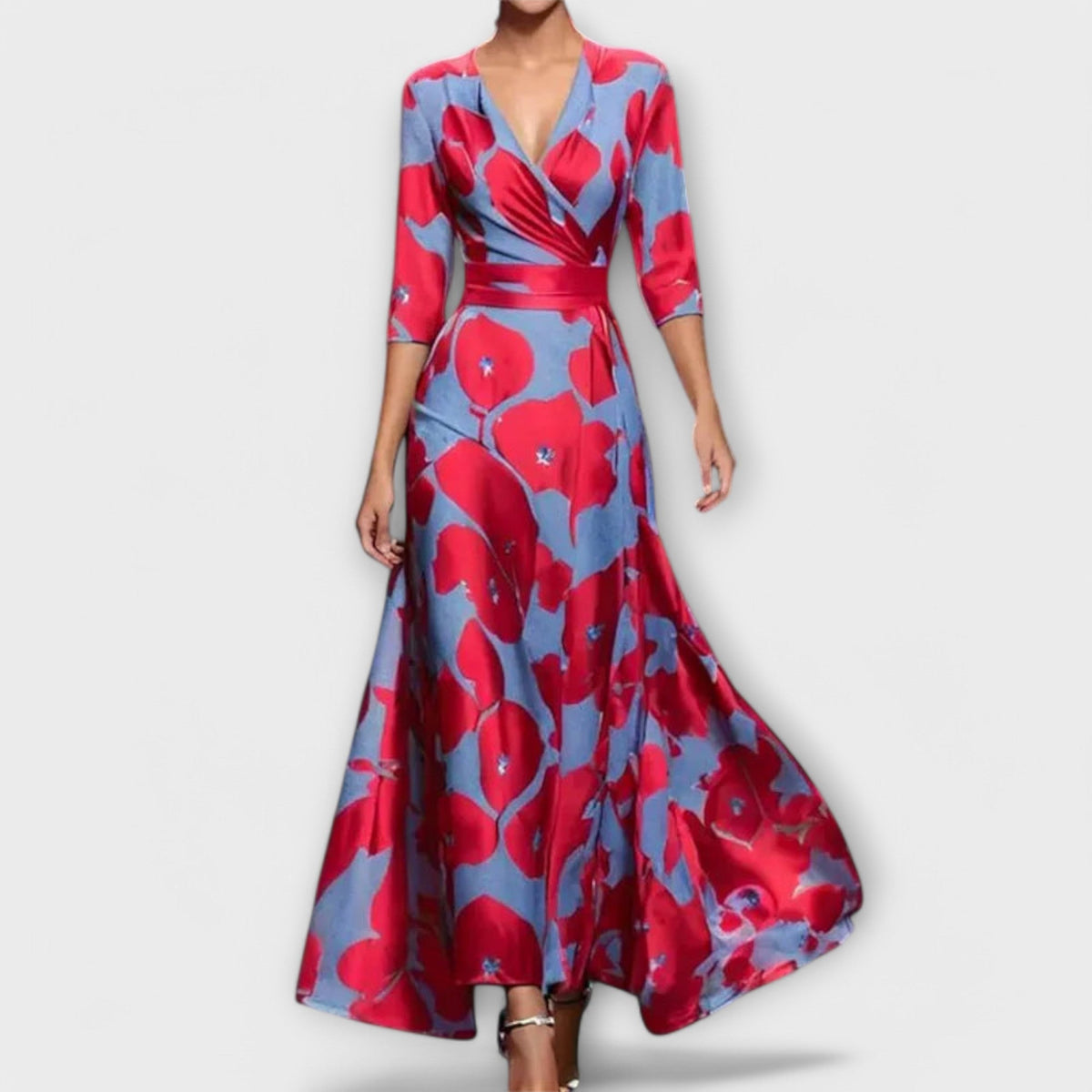 Floral Print V-Neck Long Sleeve Fit and Flare Maxi Dress