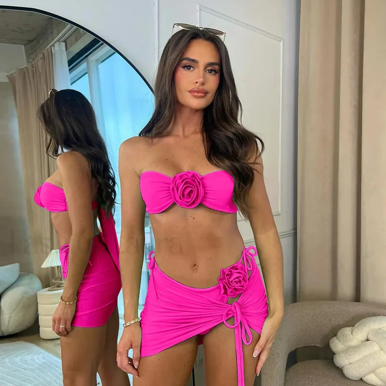 Red Lace Up Push Up Bikini Three Piece Set WD1614P1 / S