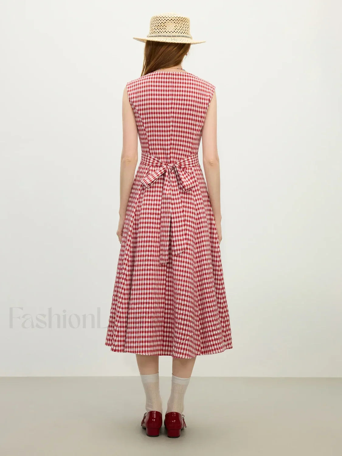 Red Plaid Sash Midi Dress