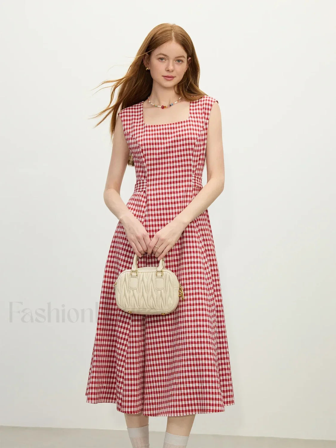 Red Plaid Sash Midi Dress