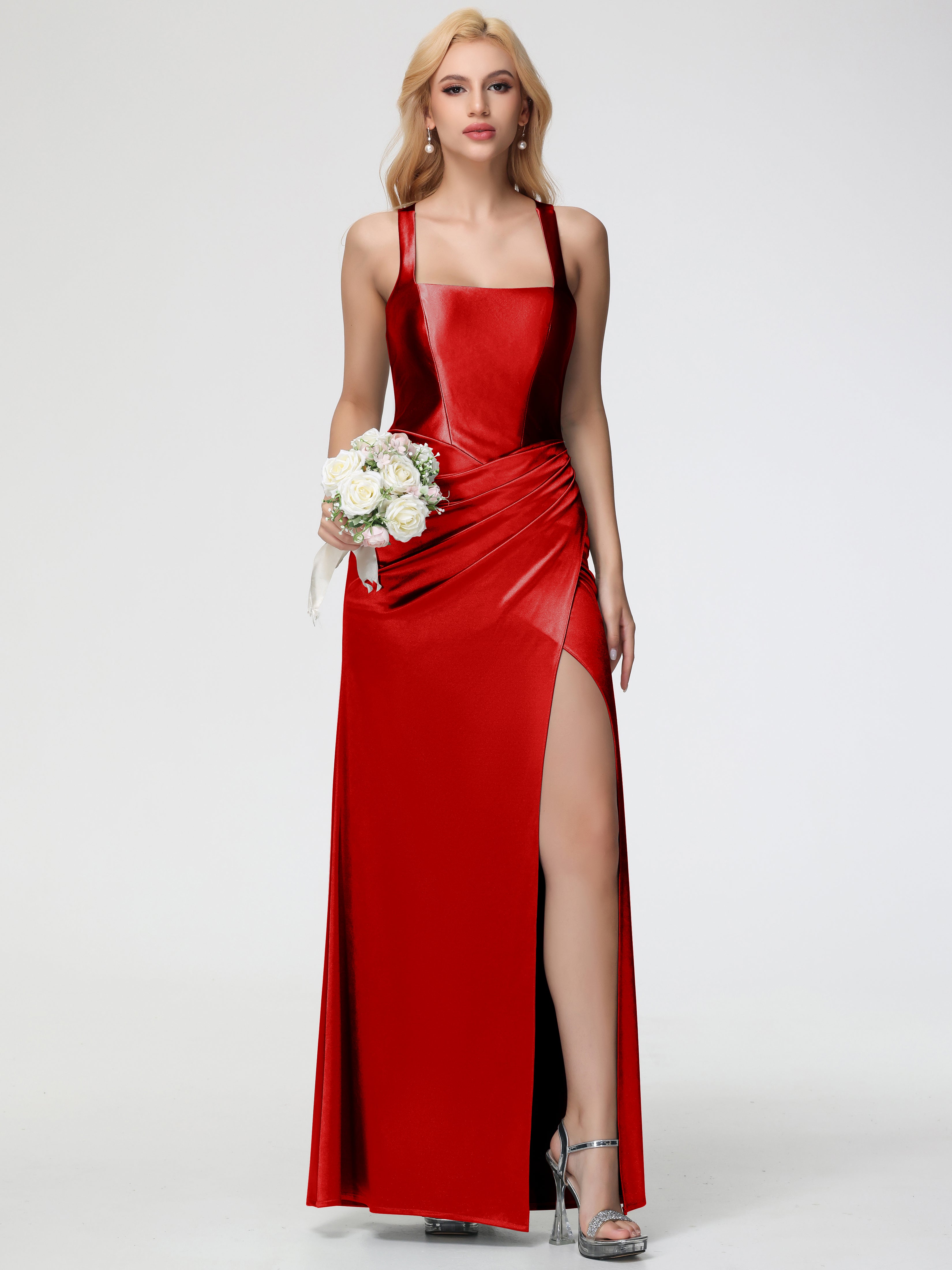Red Formal Dresses Straps Ruched Floor Length Sheath Formal Dress With Slit