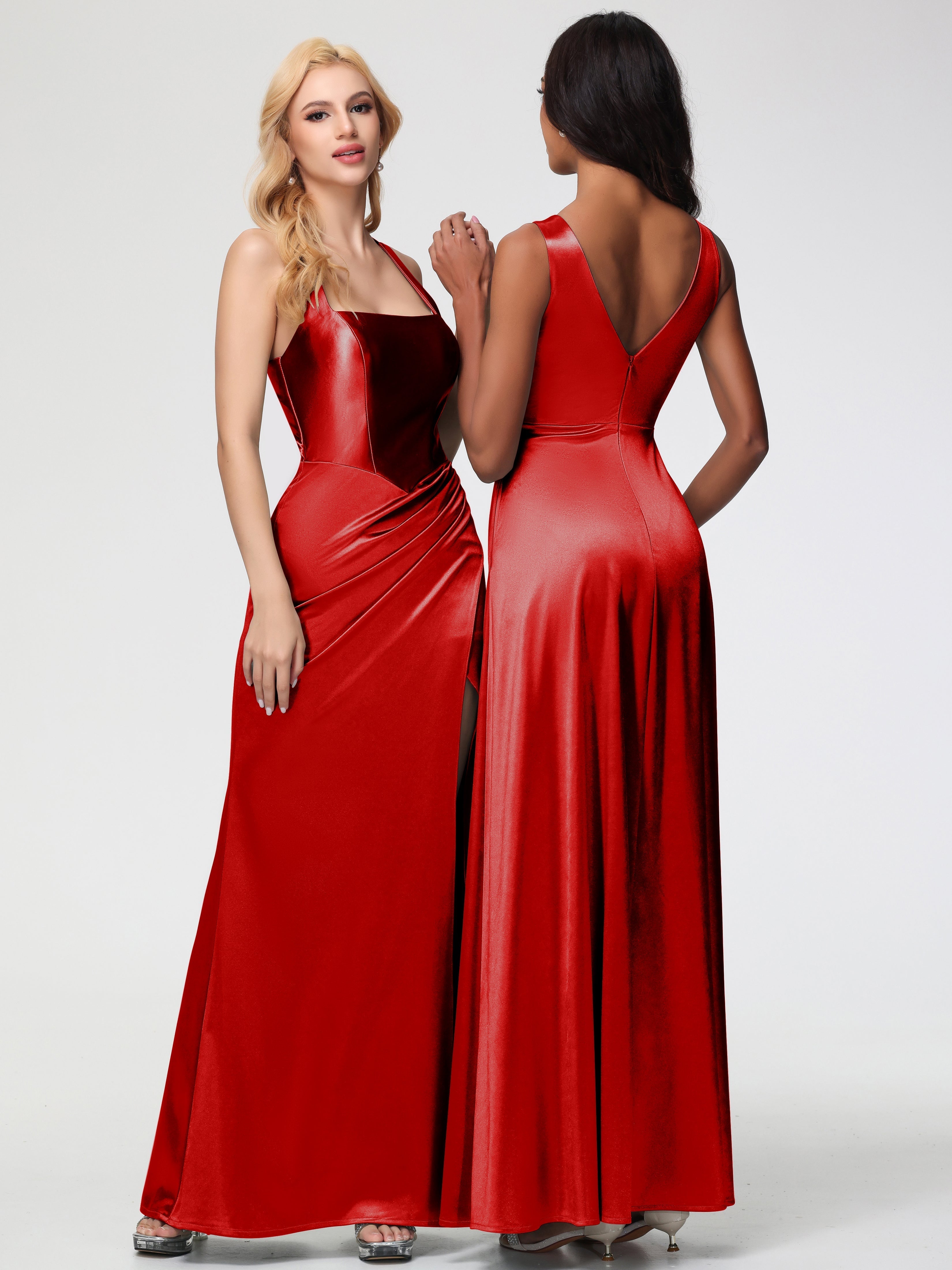 Red Formal Dresses Straps Ruched Floor Length Sheath Formal Dress With Slit