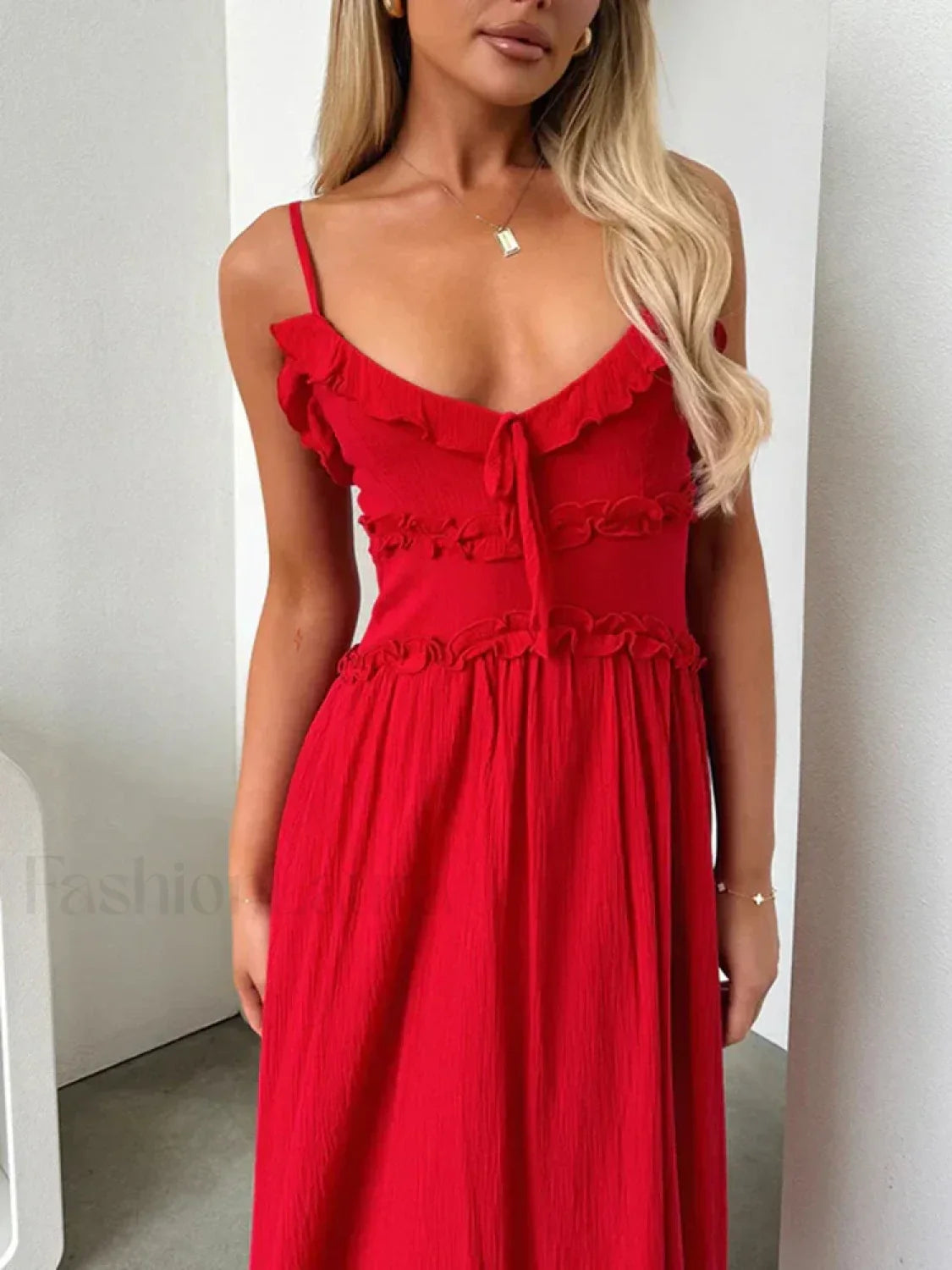 Red V-Neck Camisole Midi Dress