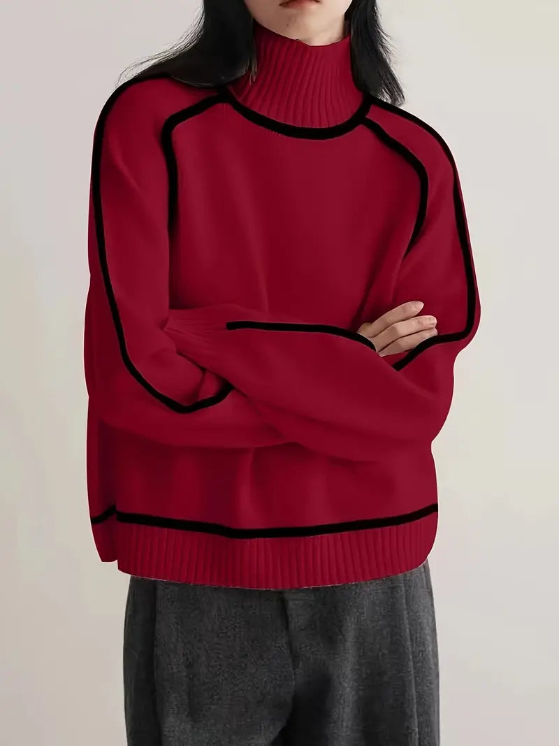 Turtleneck Contrast Piping Knit Sweater