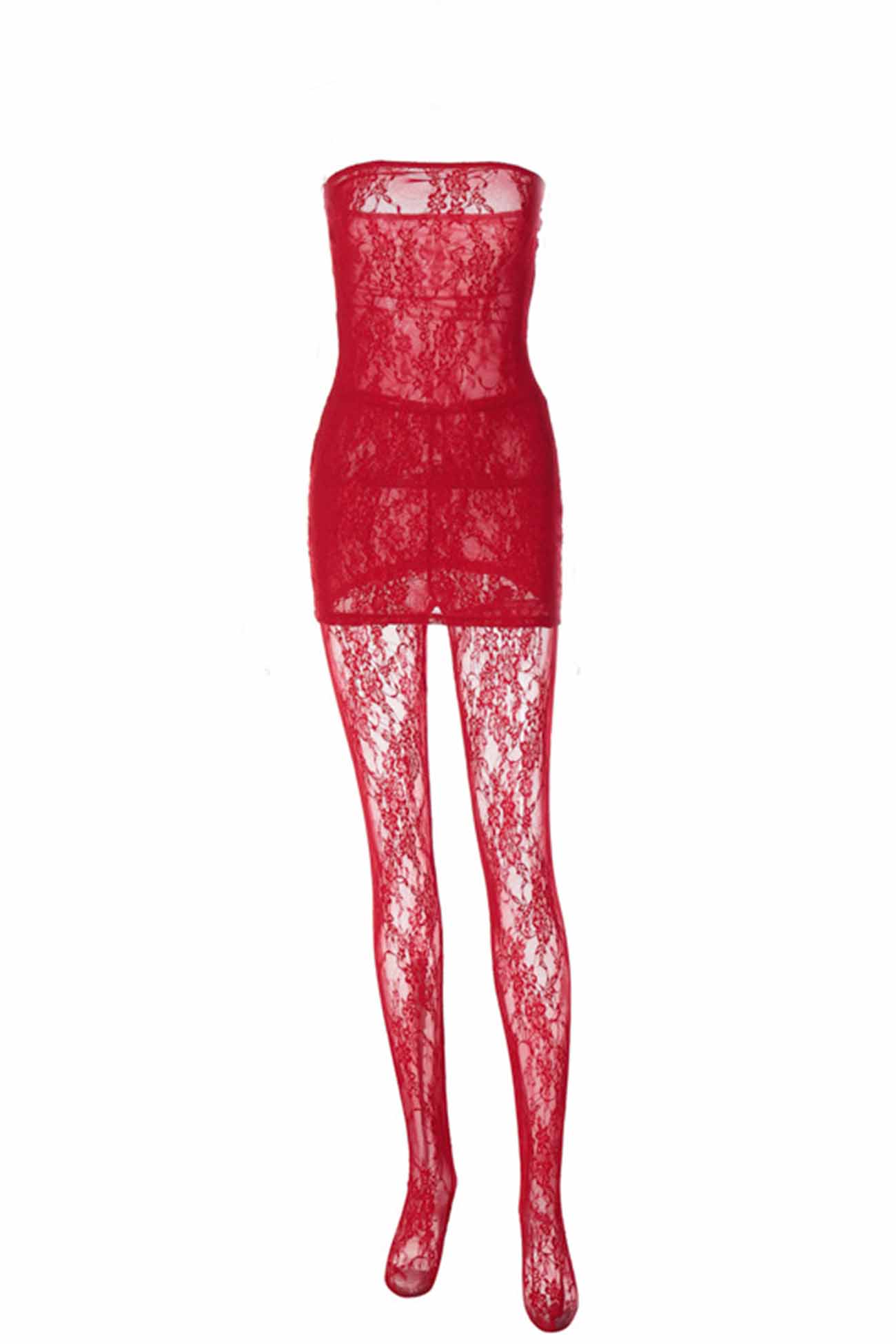 Strapless Floral Lace Bodycon Mini Dress and Lace Leggings Two Piece Set