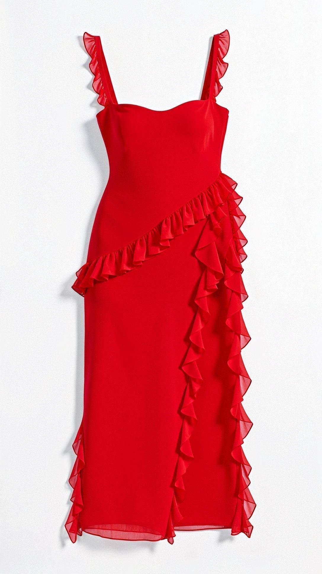Square Neck Ruffle Strap Asymmetrical Ruffle Hem Midi Dress