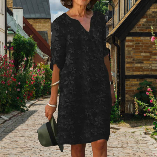 Floral Textured V-Neck Short Sleeve Shift Midi Dress