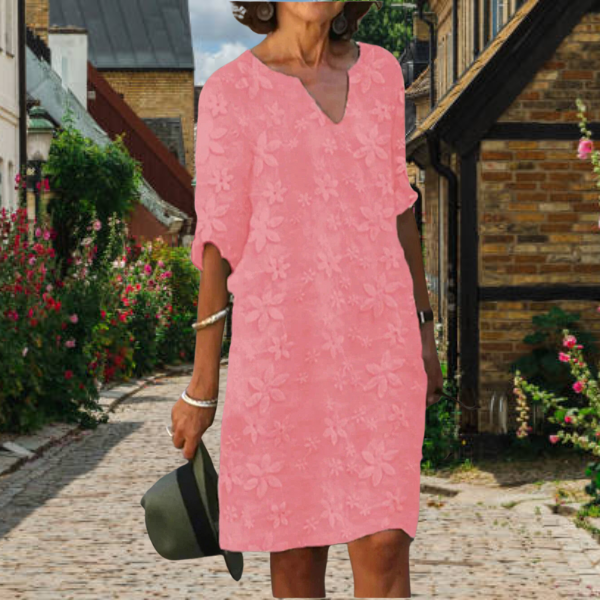 Floral Textured V-Neck Short Sleeve Shift Midi Dress