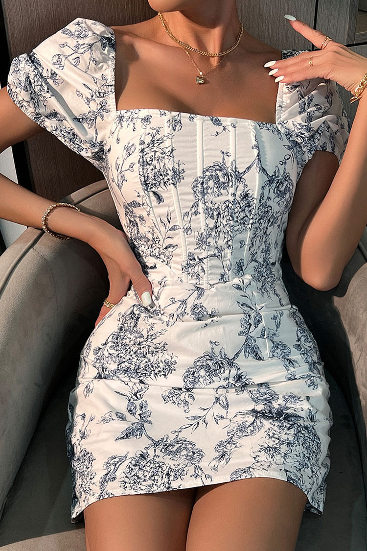 Floral Square Neck Puff Sleeve Corset Bodycon Mini Dress