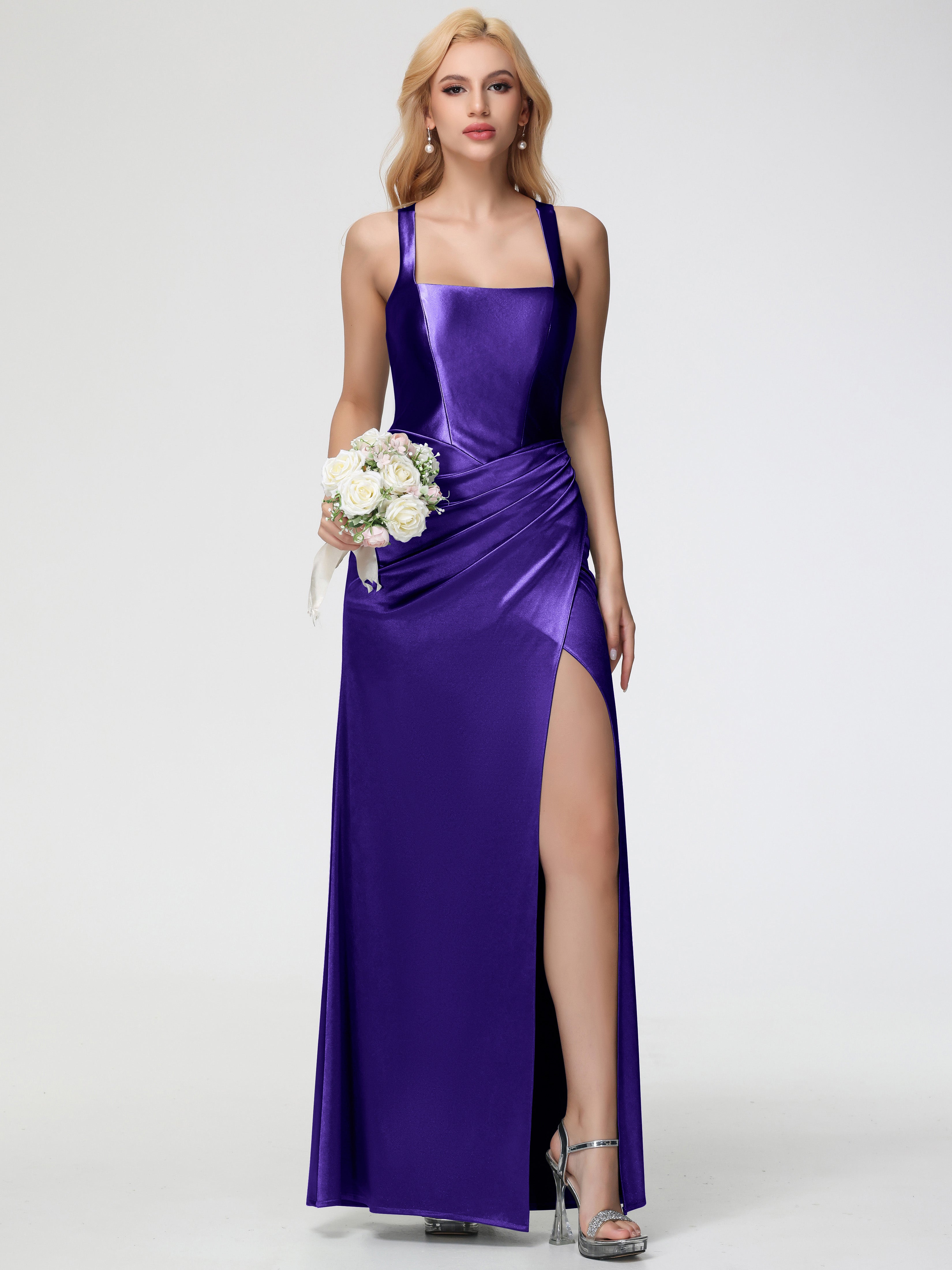 Regency Formal Dresses Straps Ruched Floor Length Sheath Formal Dress With Slit
