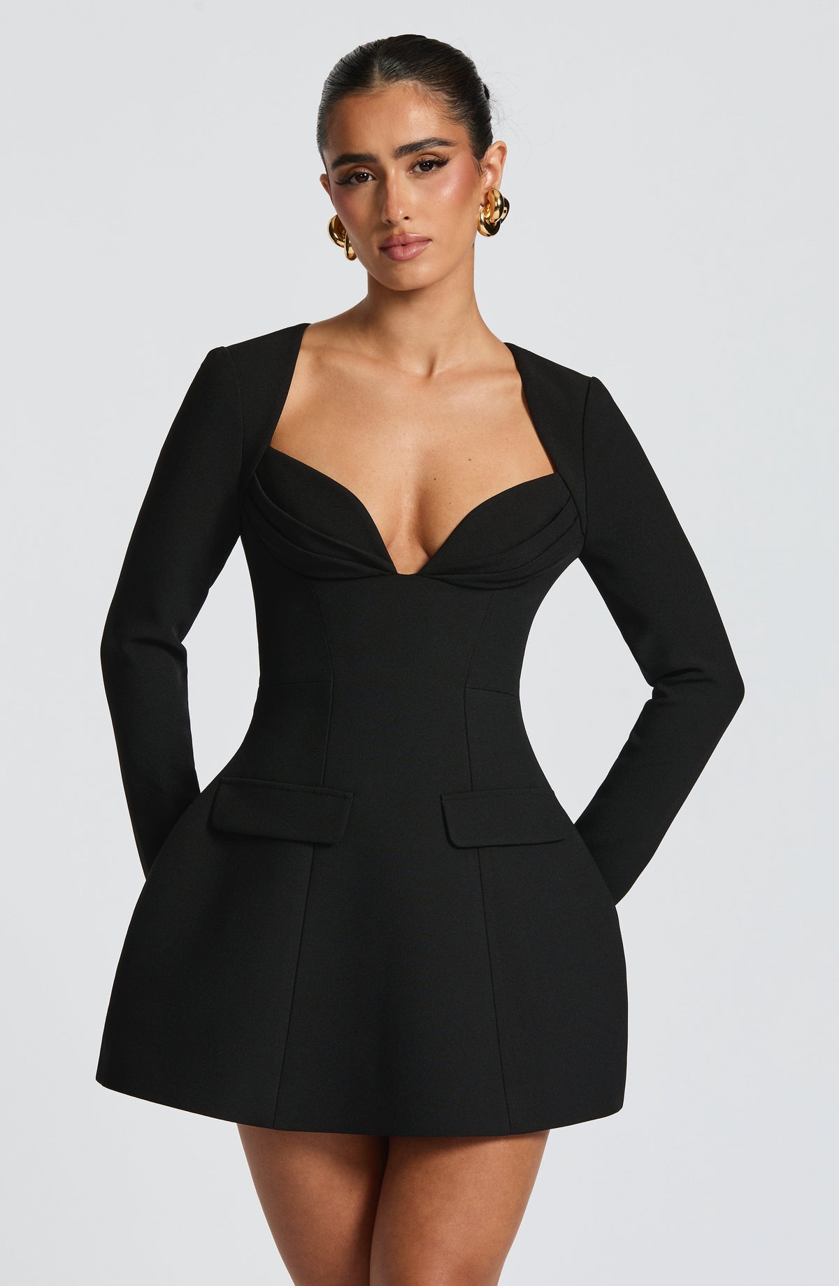 Sweetheart Long Sleeve Flap Pocket Puff Skirt Mini Dress