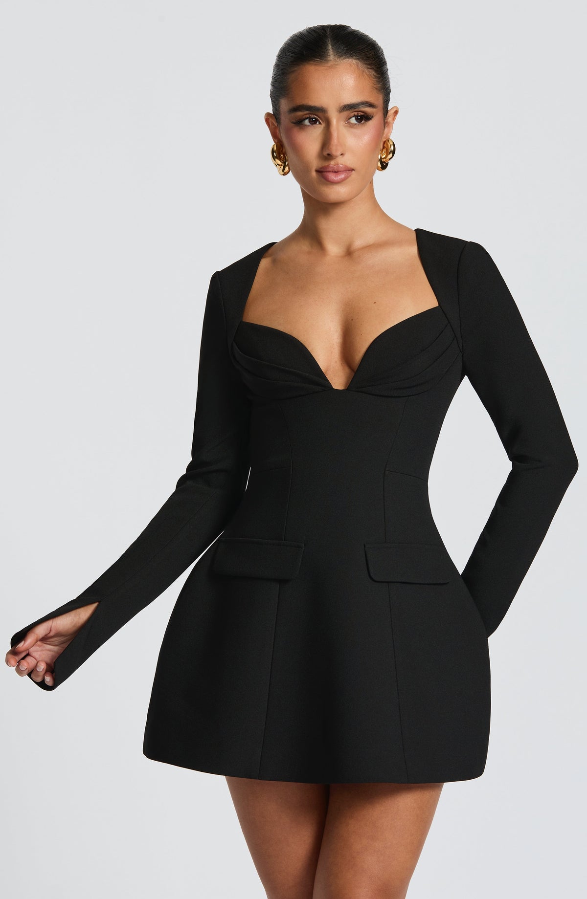 Sweetheart Long Sleeve Flap Pocket Puff Skirt Mini Dress 4