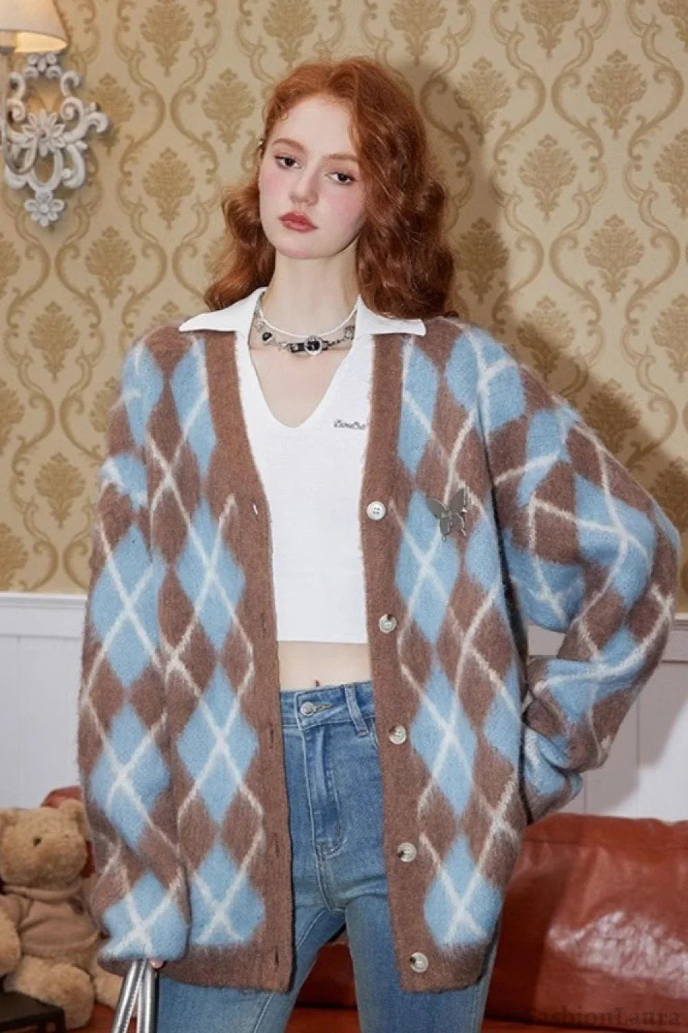 Relaxed Diamond Pattern Cardigan