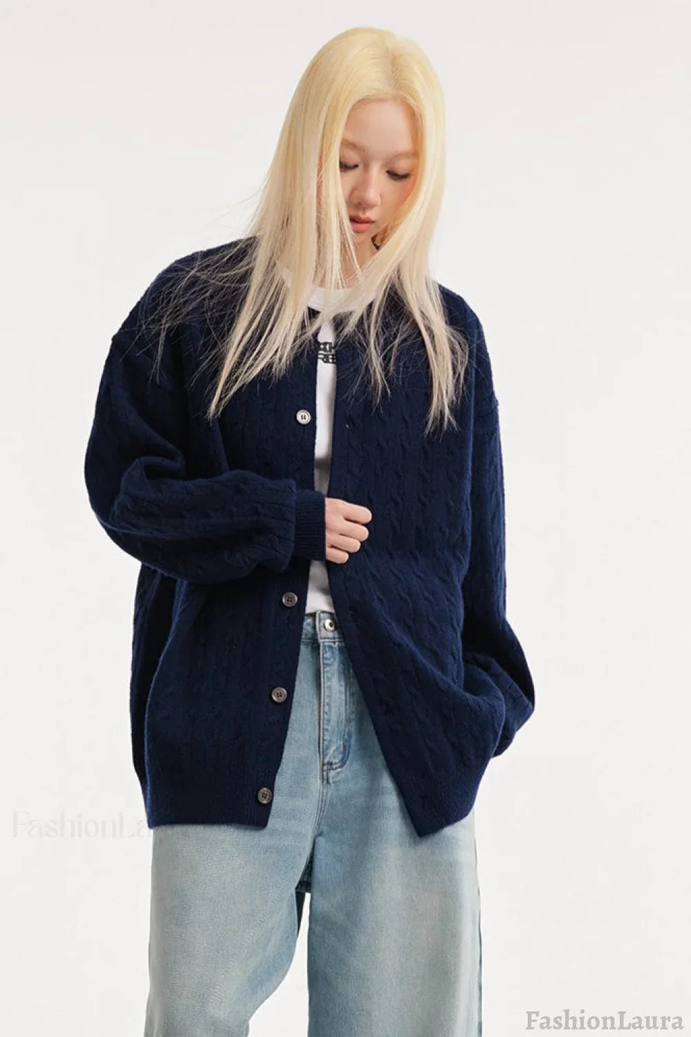 Relaxed Fit Cable Cardigan S / Navy blue