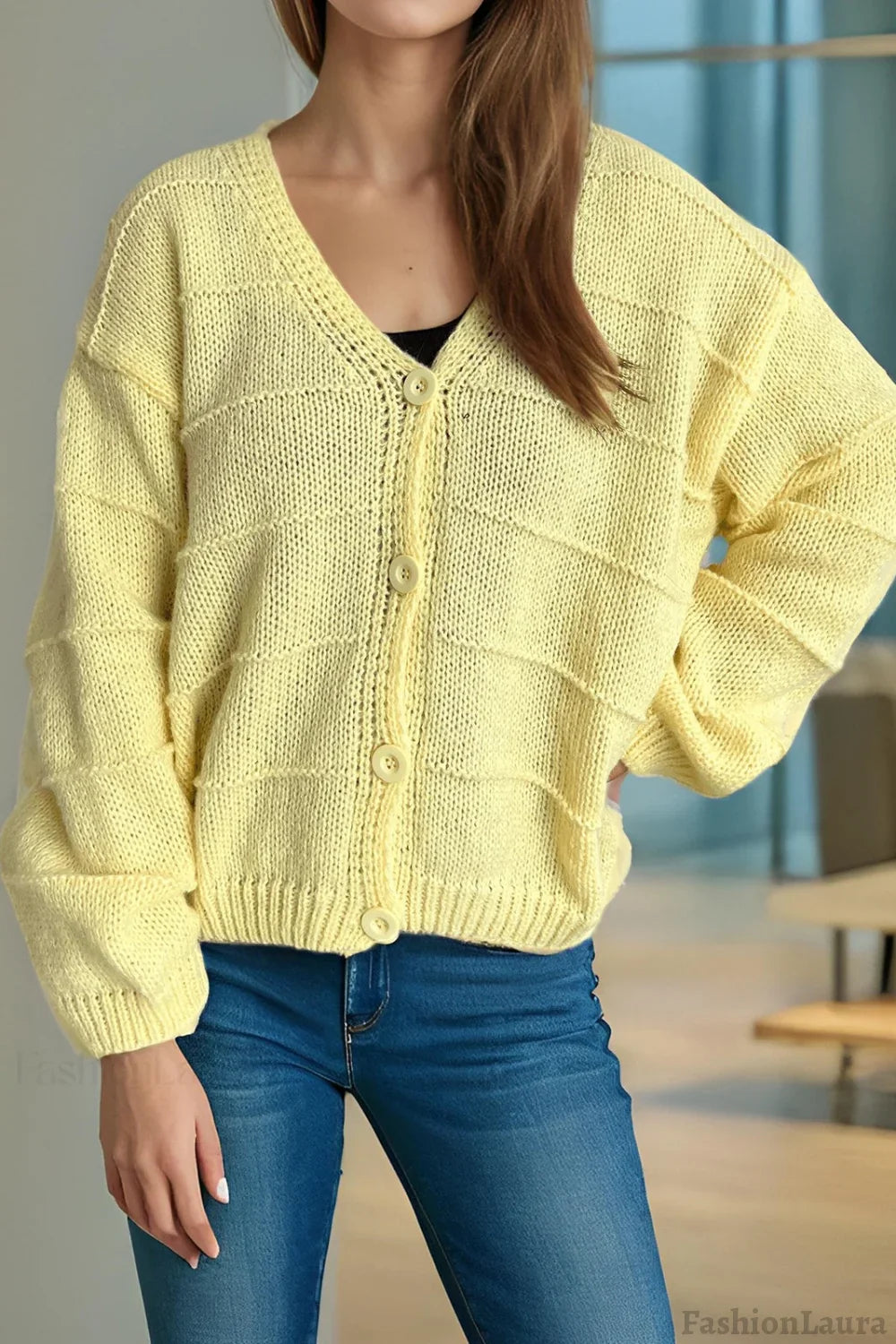 Relaxed V-Neck Cardigan S / Yellow