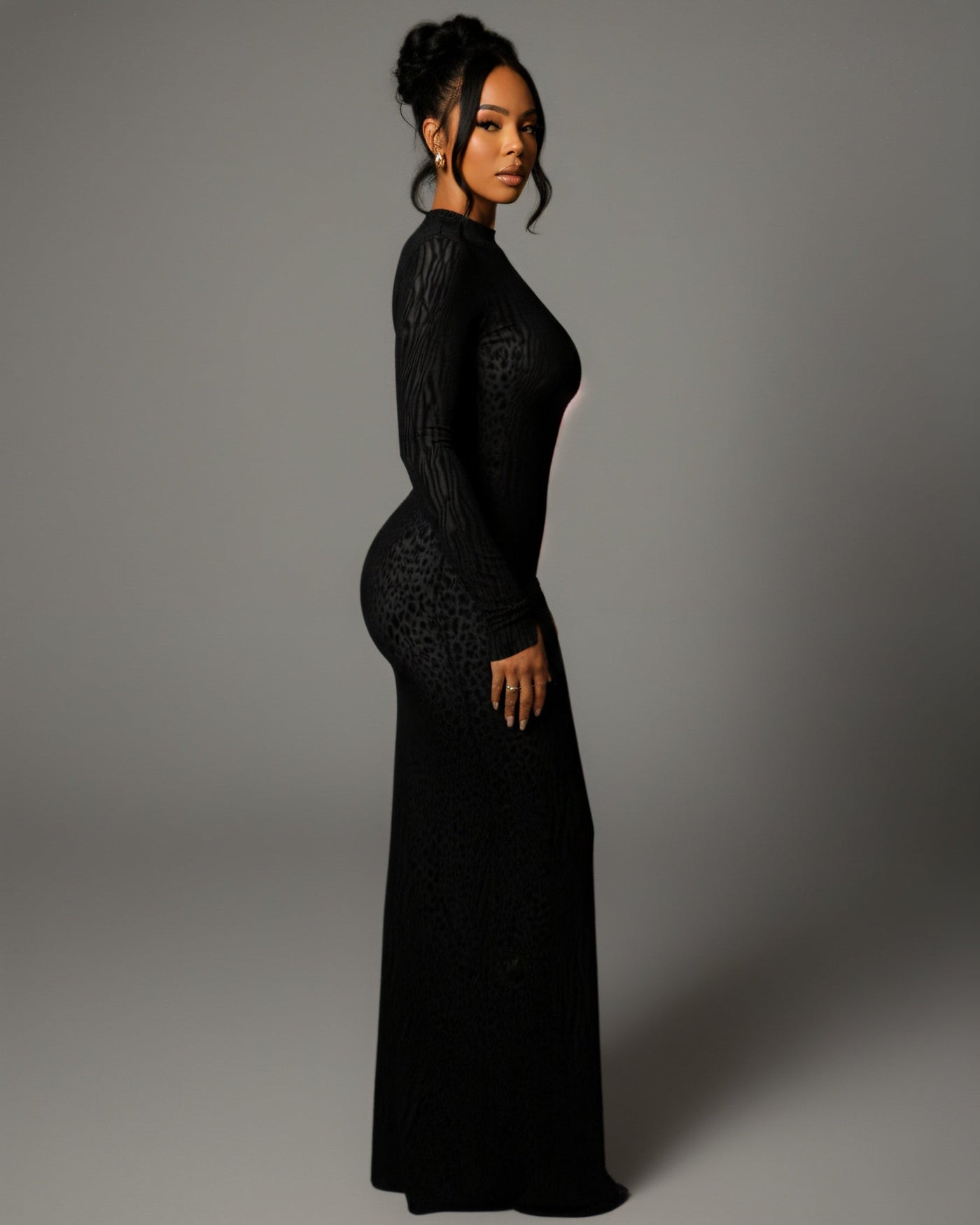 Animal Print Mesh High Neck Long Sleeve Bodycon Maxi Dress 8