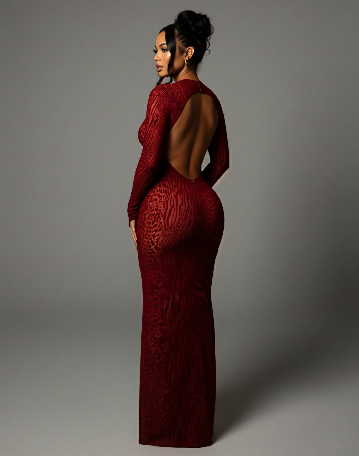 Animal Print Mesh High Neck Long Sleeve Bodycon Maxi Dress 4