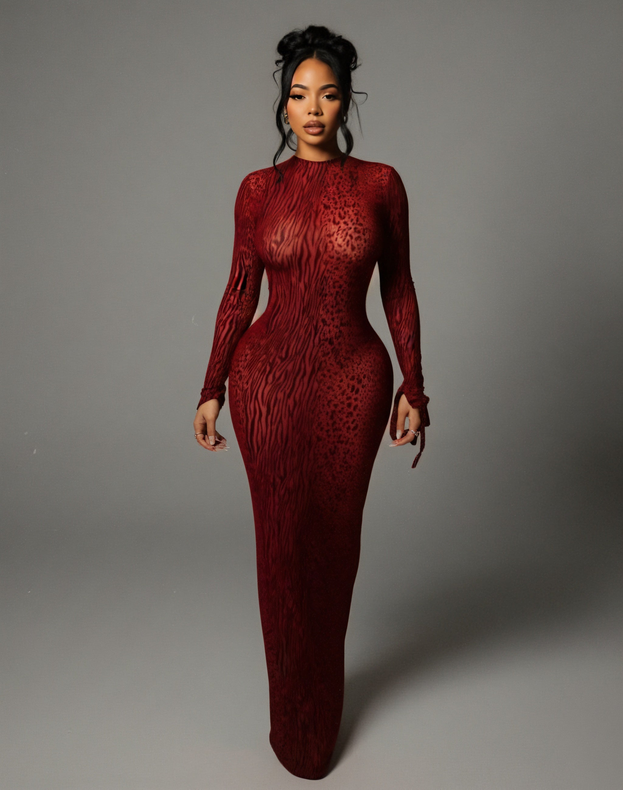 Animal Print Mesh High Neck Long Sleeve Bodycon Maxi Dress