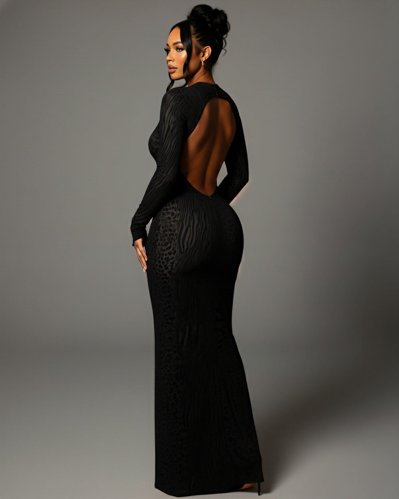 Animal Print Mesh High Neck Long Sleeve Bodycon Maxi Dress 9