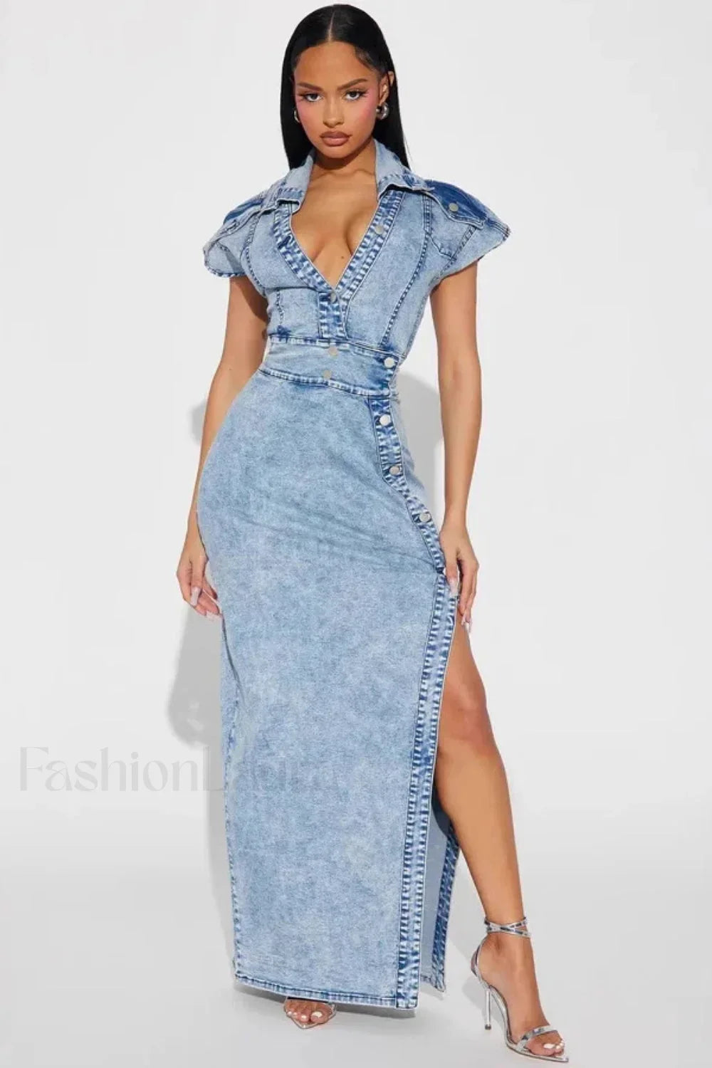 Retro Button Split Denim Maxi Dress