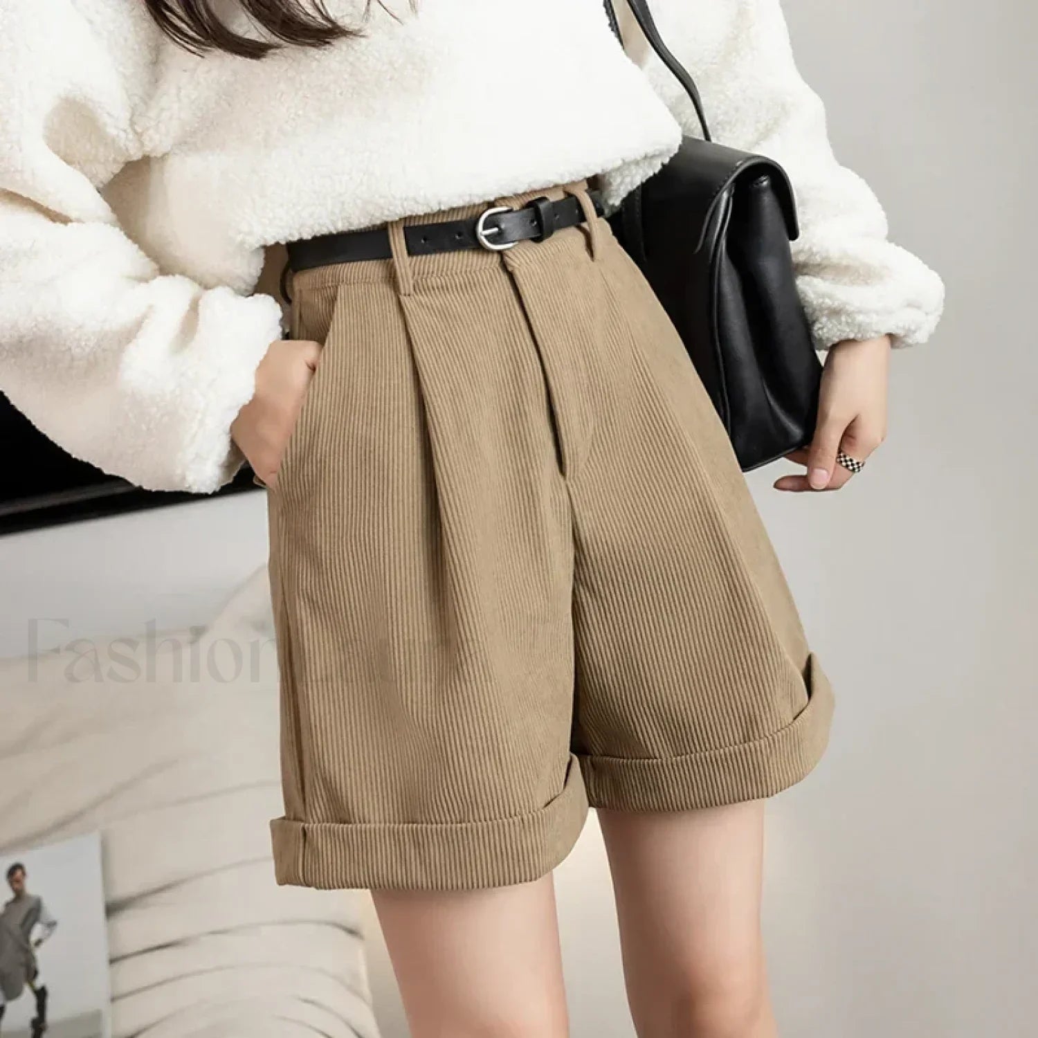 Retro Corduroy Boyfriend Style Female Shorts Khaki / S