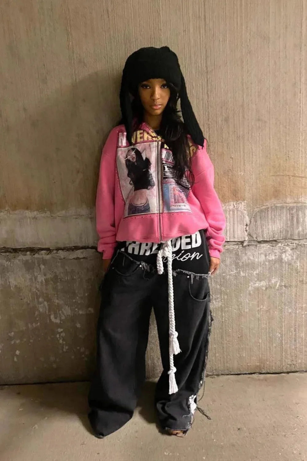 Retro Gothic Print Oversized Hoodie Pink / S