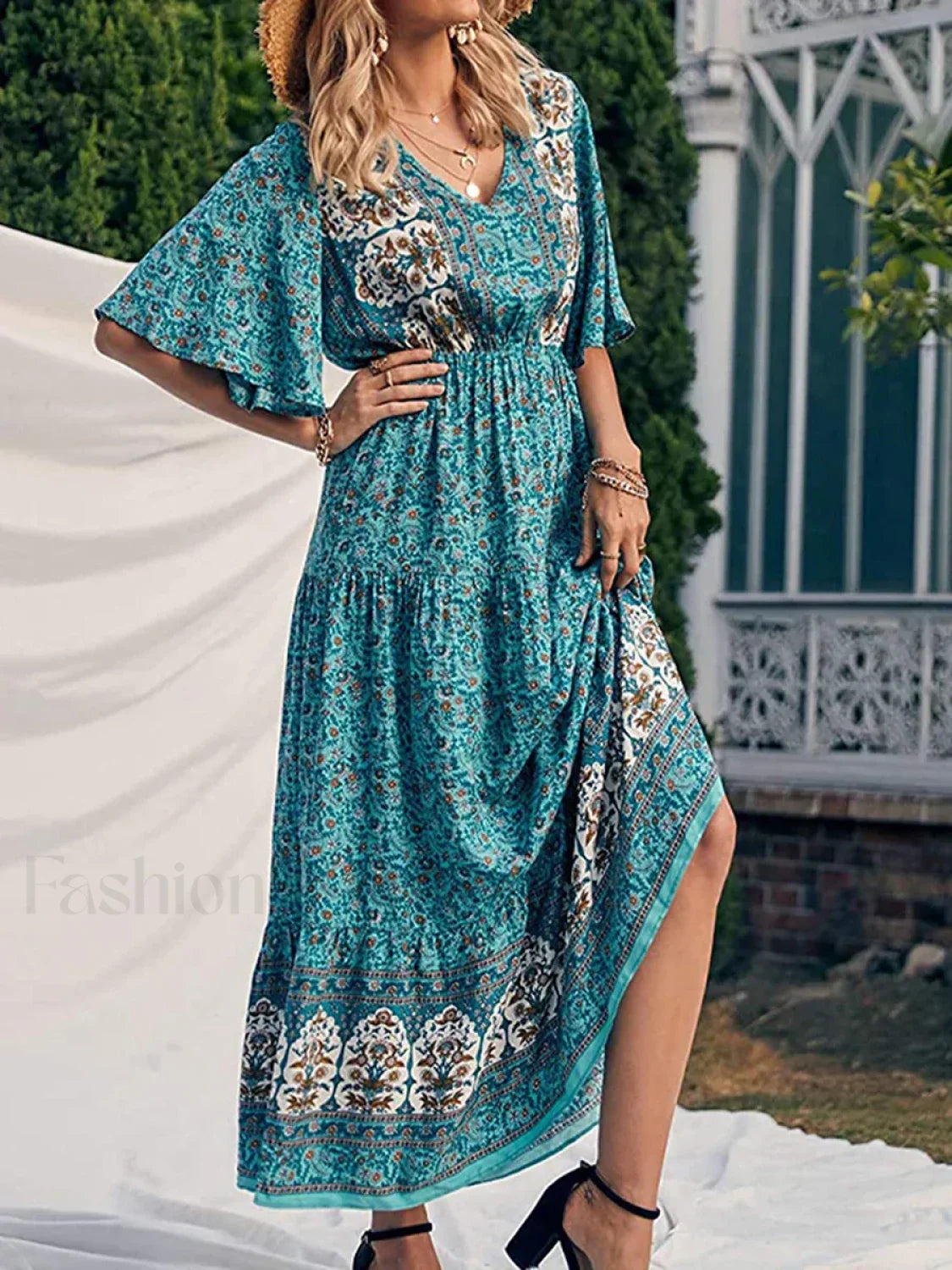 Retro High Waist Boho Dress Cyan / S