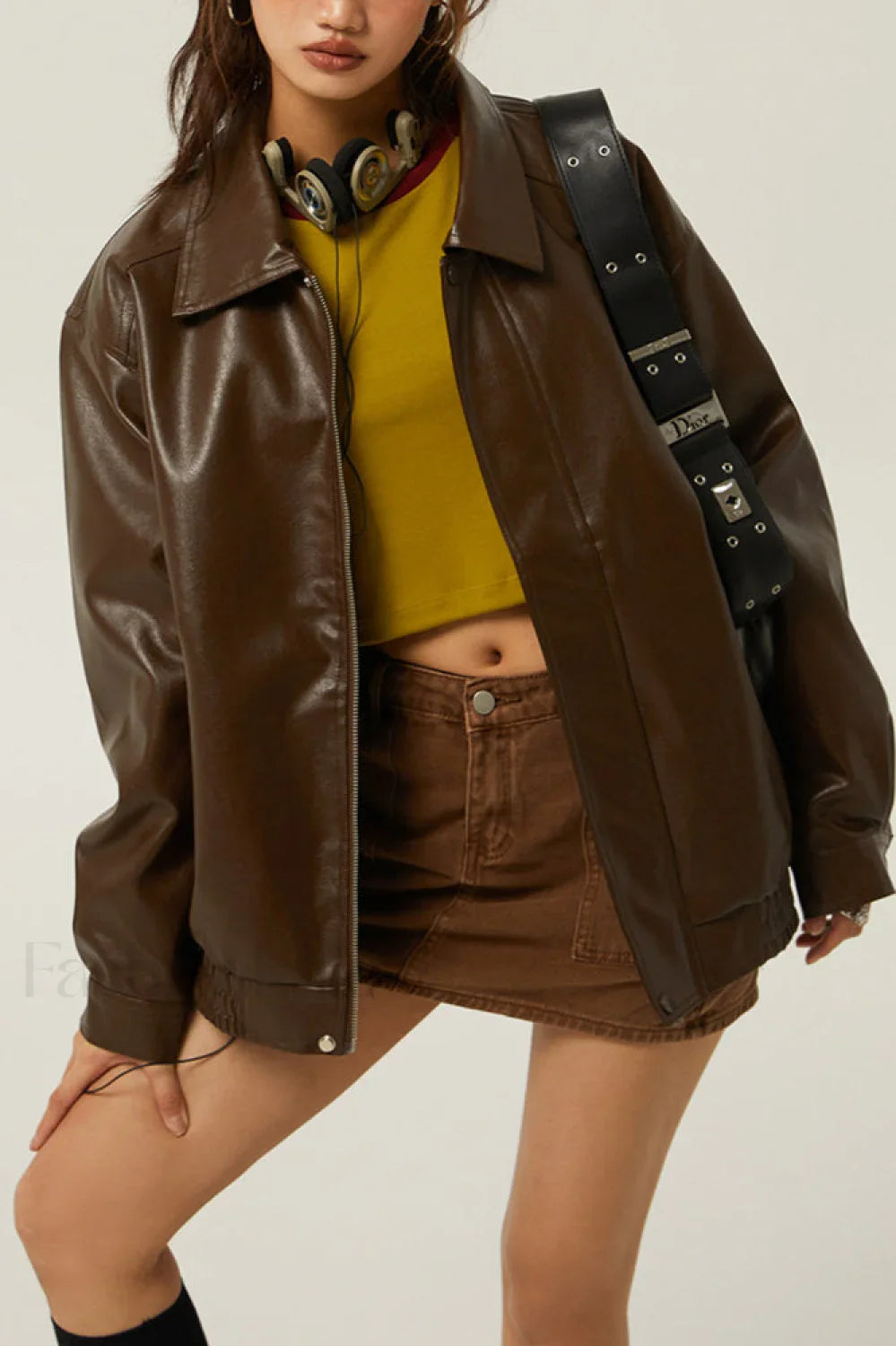 Retro Loose Fit Moto Jacket Brown / S