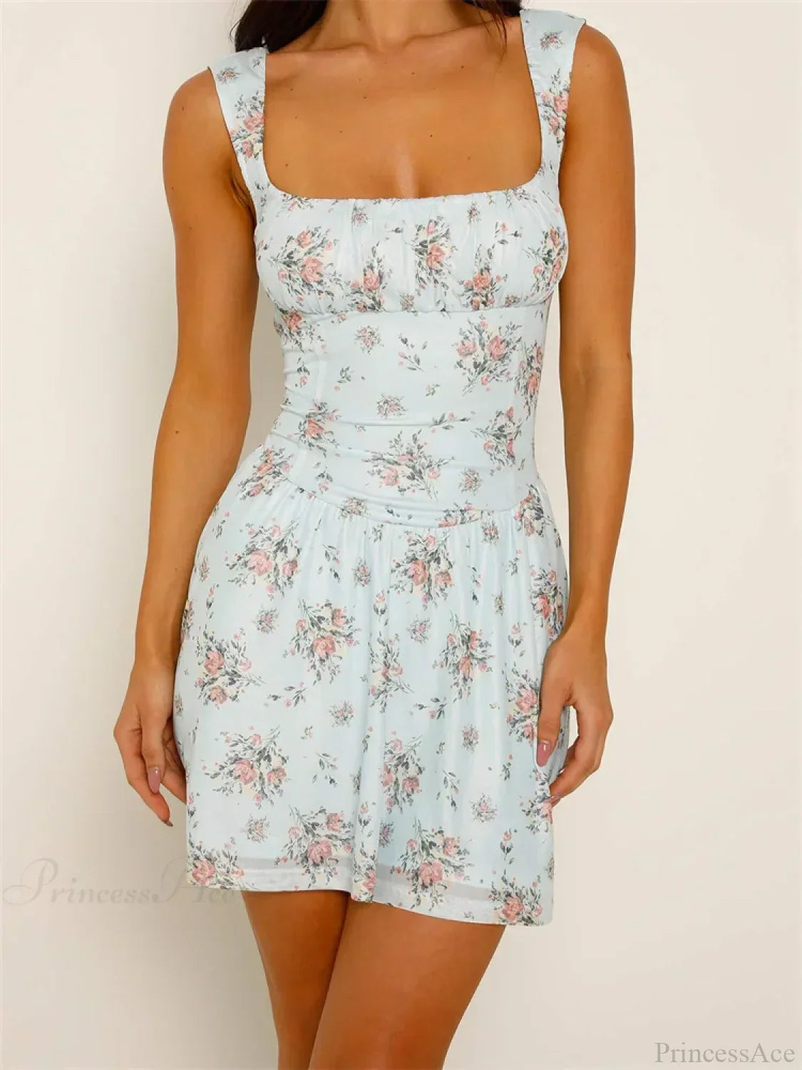 Retro Ruched Floral Mini Dress Blue / S minidress-250223