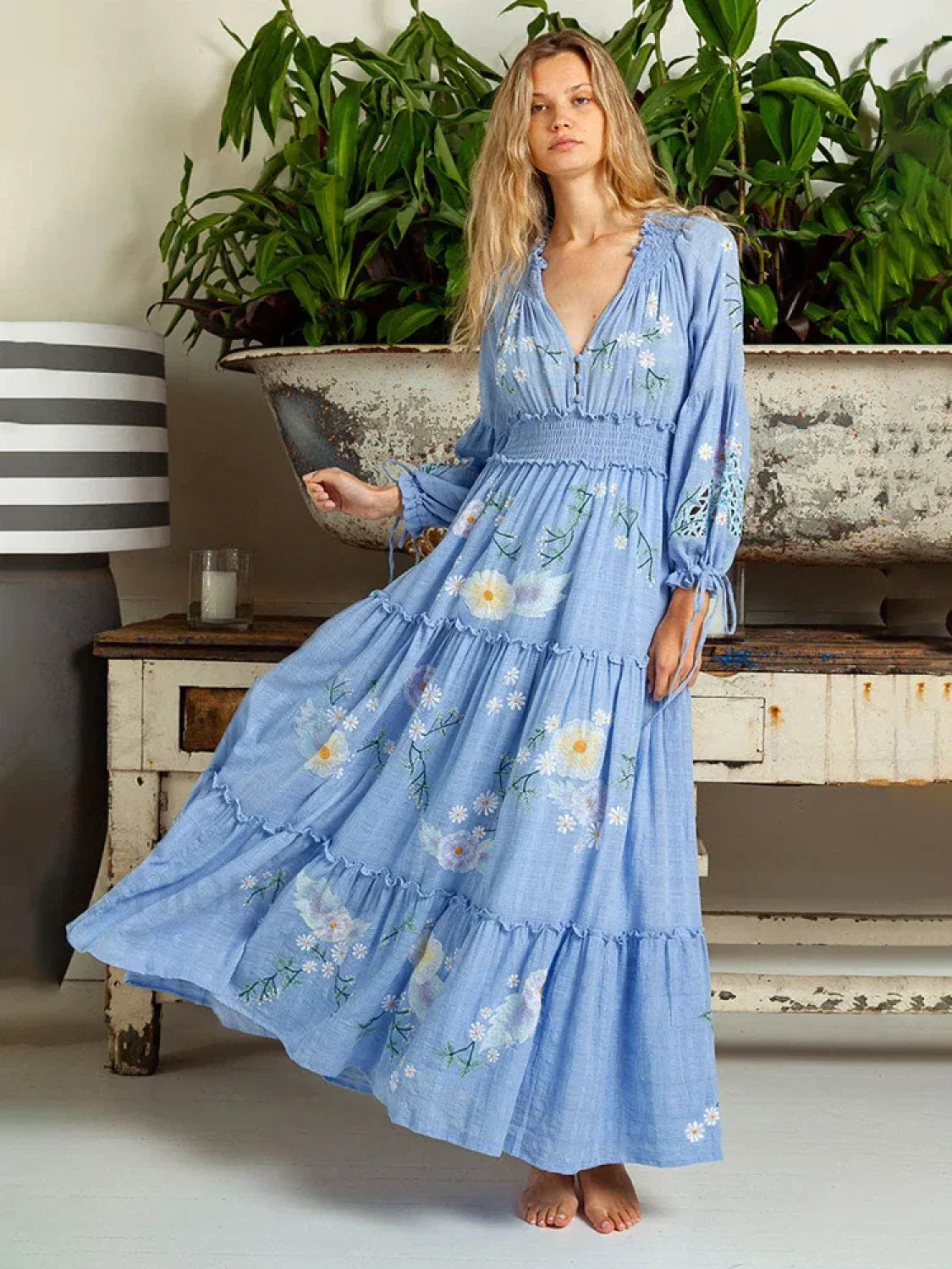 Retro V Neck Elastic Boho Dress Blue / S