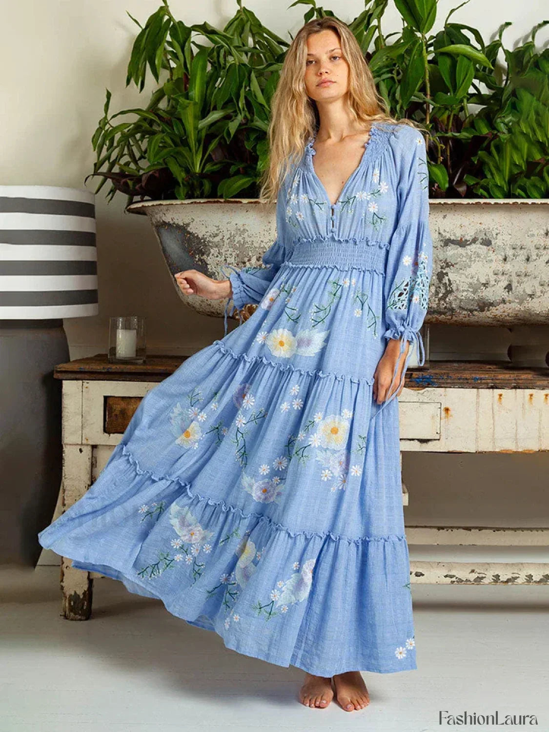 Retro V-Neck Elastic Boho Dress